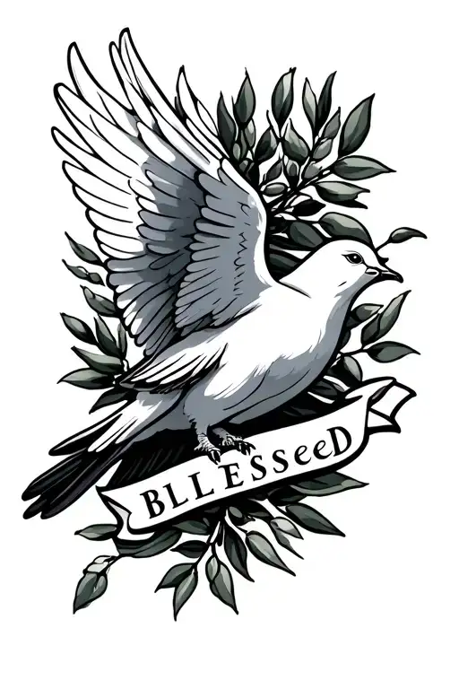 dove with olive branch, the word blessed on hand tattoo design idea