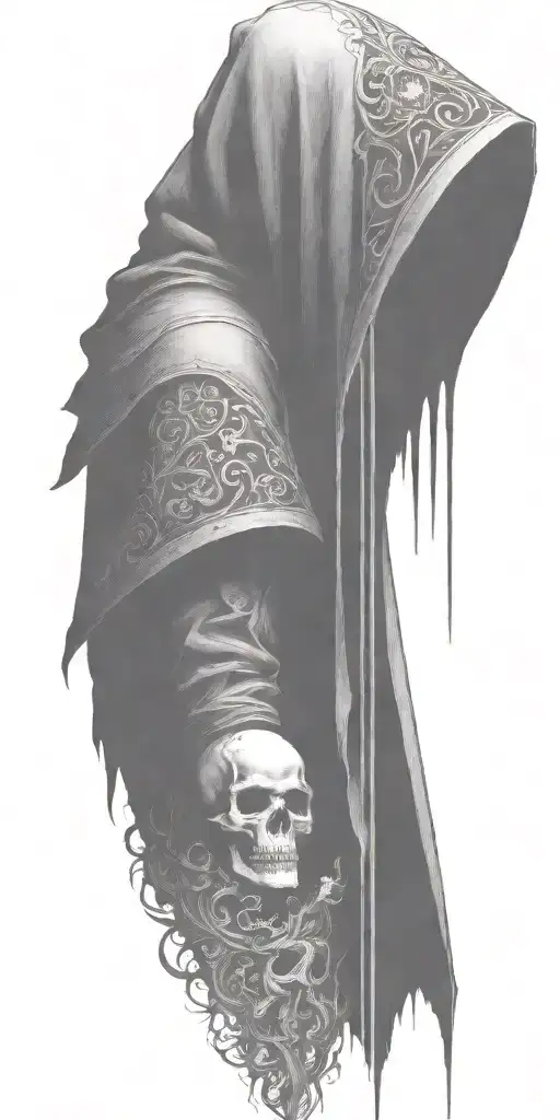 hooded reaper silohuette, smoke, fire, scary, bat wings tattoo design idea