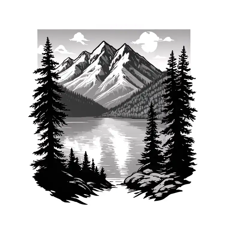 mountain outline with trees and a lake in the foreground tattoo design idea