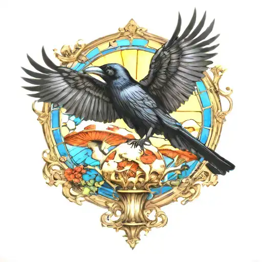 raven flying with a skull amanita mushrooms with blue stained glass window background tattoo design idea