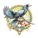 raven flying with a skull amanita mushrooms with blue stained glass window background tattoo design idea