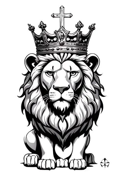 lion wearing a crown next to a simple cross tattoo design idea