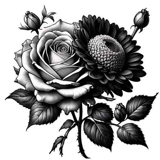 Rose, marrigold, and chrysanthemum growing each sprouting from the middle bicep tattoo design idea