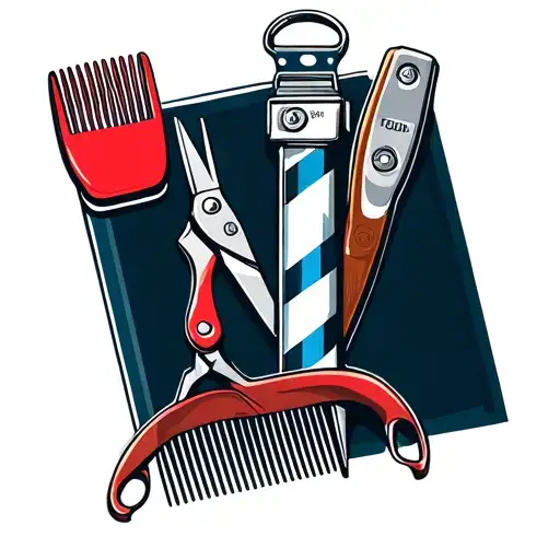 a barber pole with shears clippers a comb and a straight blade tattoo design idea