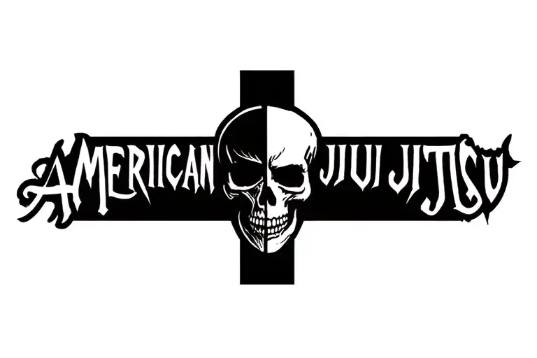 a cross but make it like a split face figure so the face is a skull,skeleton. words saying American jiu jitsu on cross  tattoo design idea