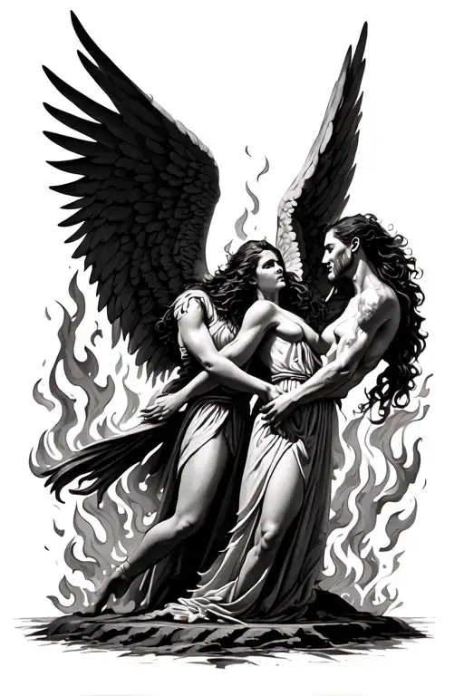 Angels fighting demons in fire rising tattoo design idea