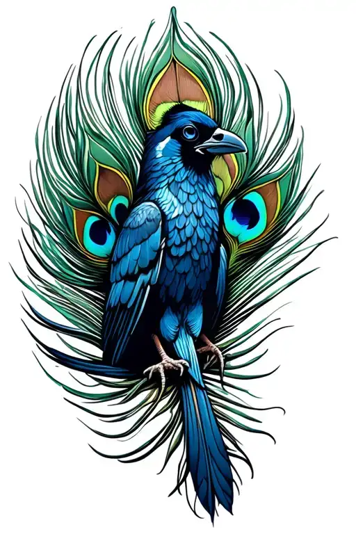 peacock feather transforming metal into a crow sitting tattoo design idea