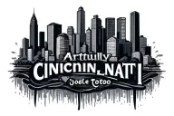 Text saying Artfully Local with cincinnati skyline tattoo design idea