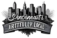 Text saying Artfully Local with cincinnati skyline tattoo design idea