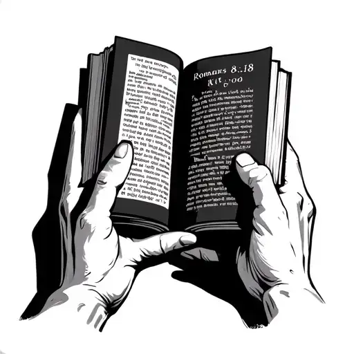 An open bible being held in two hands, with the Bible verse Romans 8:18 written on the open pages tattoo design idea
