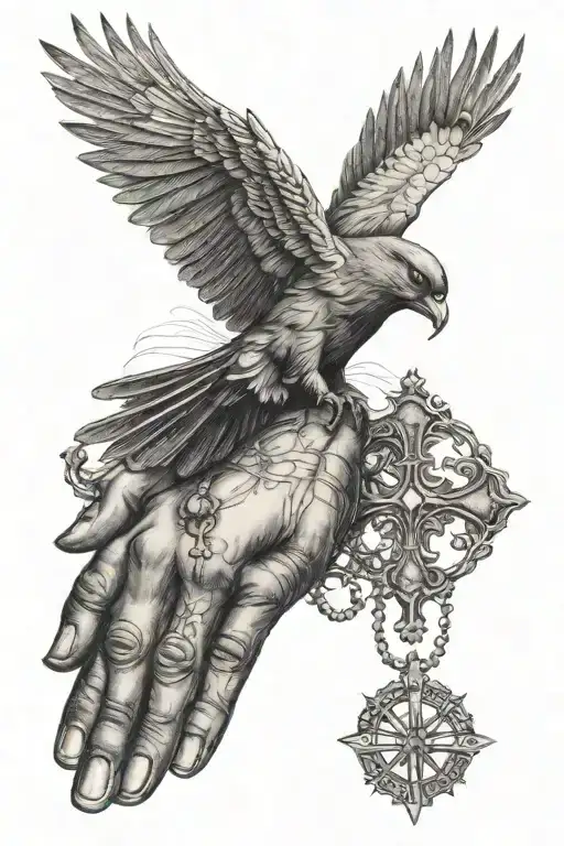 a manly tattoo with a rosary on the hand following by the holy spirit bird on the forearm  tattoo design idea