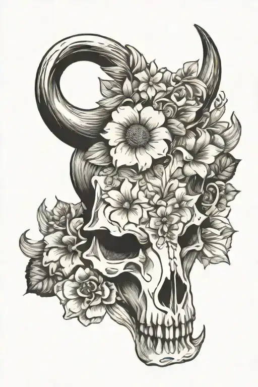 western style floral and bull skull  tattoo design idea