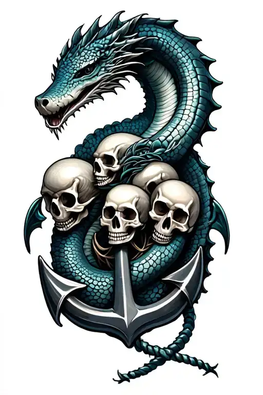 Sea Serpent wrapped around anchor with skulls tattoo design idea