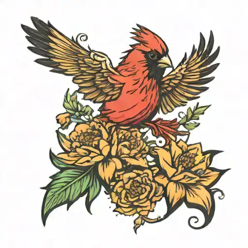cardinal flying with mexican marigold flower tattoo design idea