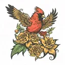 cardinal flying with mexican marigold flower tattoo design idea