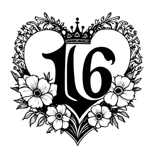 "16" heart around flowers and crown with hidden letter D tattoo design idea