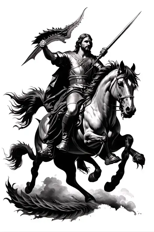 „Realistic black and grey tattoo design of Saint George on a horse, slaying a dragon with a spear. Strong contrast, deta tattoo design idea