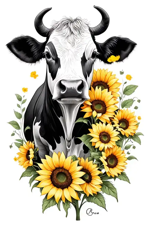 cow and sunflowers tattoo design idea