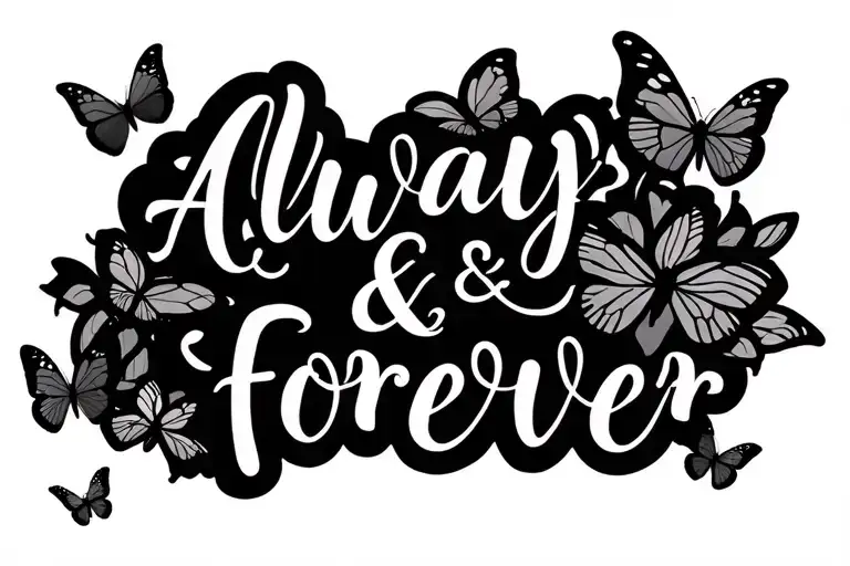 writing saying " Always & Forever" with butterflies around plain and simple no background  tattoo design idea