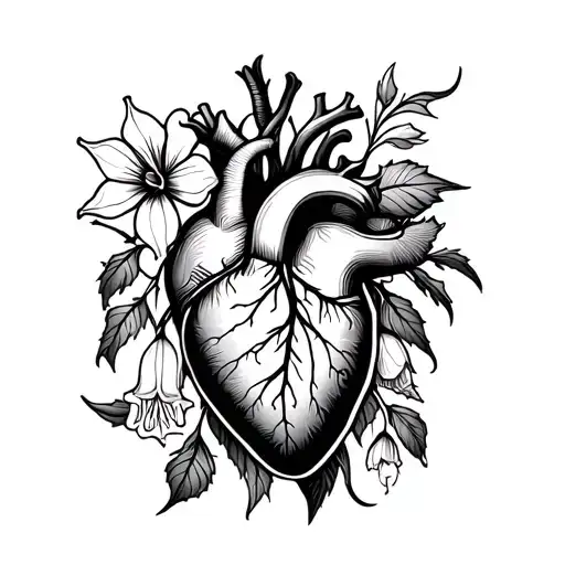 Anatomical Heart with foxglove flower digitalis tattoo design idea