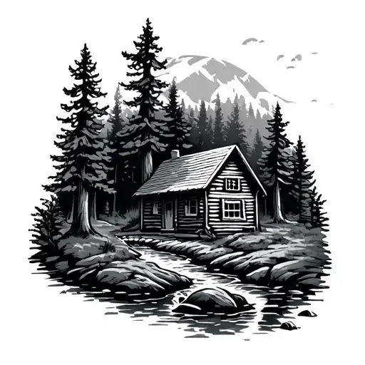 cabin in the woods with trees and small stream in front of it  tattoo design idea