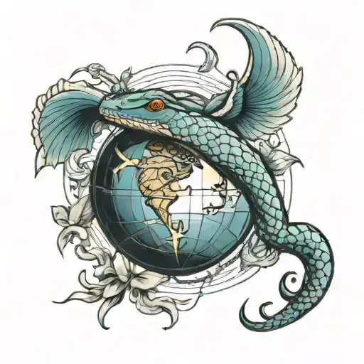 a snake wrapping around a sphere and inside the sphere an angel tattoo design idea