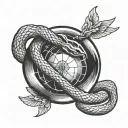 a snake wrapping around a sphere and inside the sphere an angel tattoo design idea