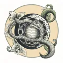 a snake wrapping around a sphere and inside the sphere an angel tattoo design idea