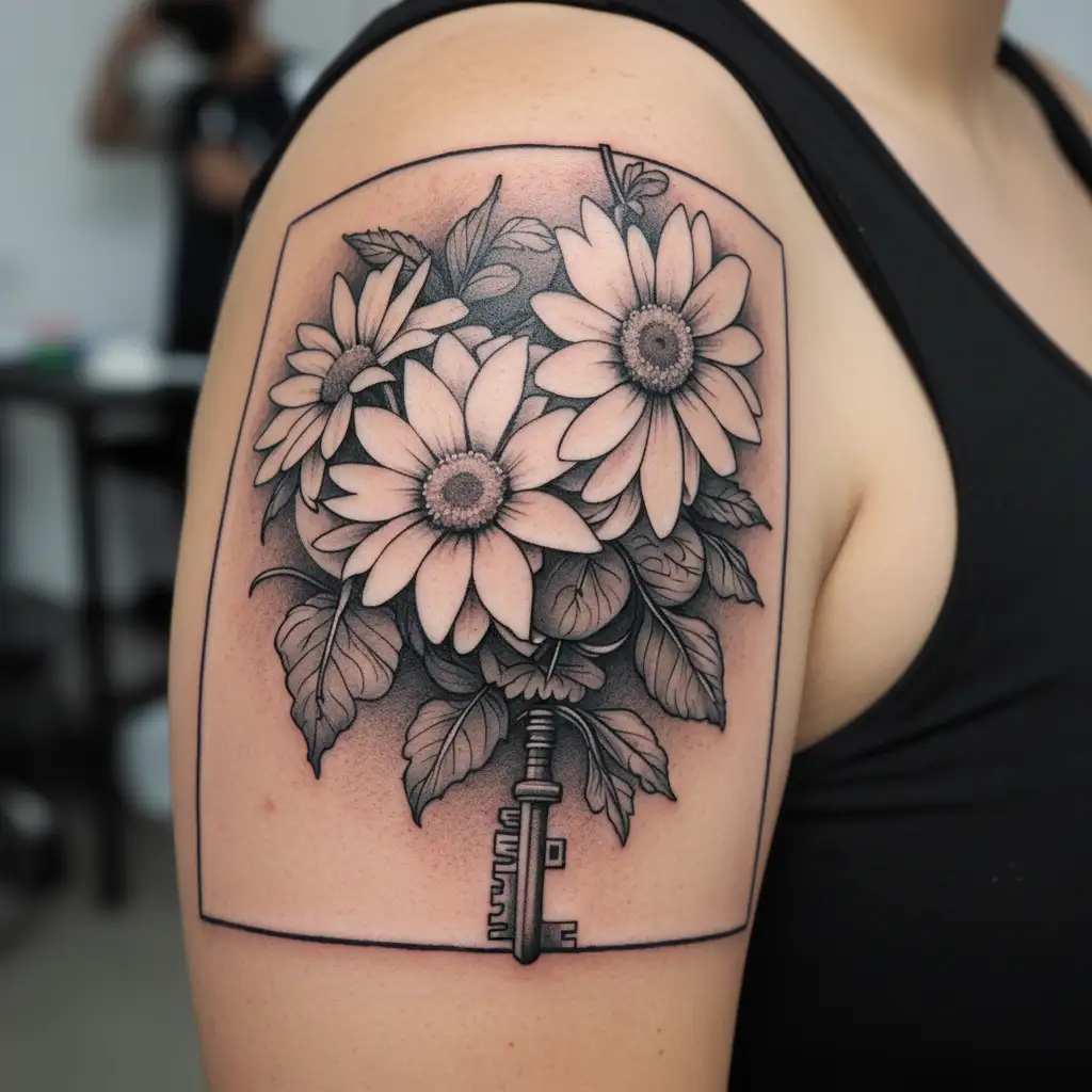 edelweiss tattoo with key and clover incorporated tattoo design idea