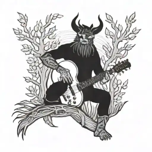 A mythical creature playing a guitar in a forest setting tattoo design idea