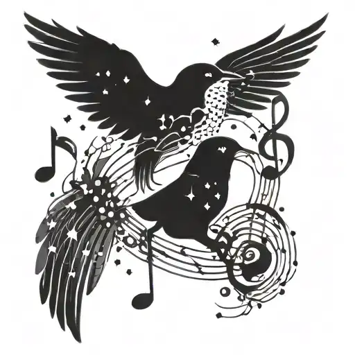 sky filled with stars music note birds tattoo design idea