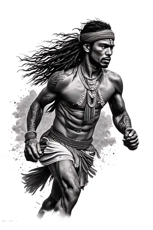 Cambodian heritage, Taino Puerto Rican heritage, no flag, with trail running man with long hair tattoo design idea