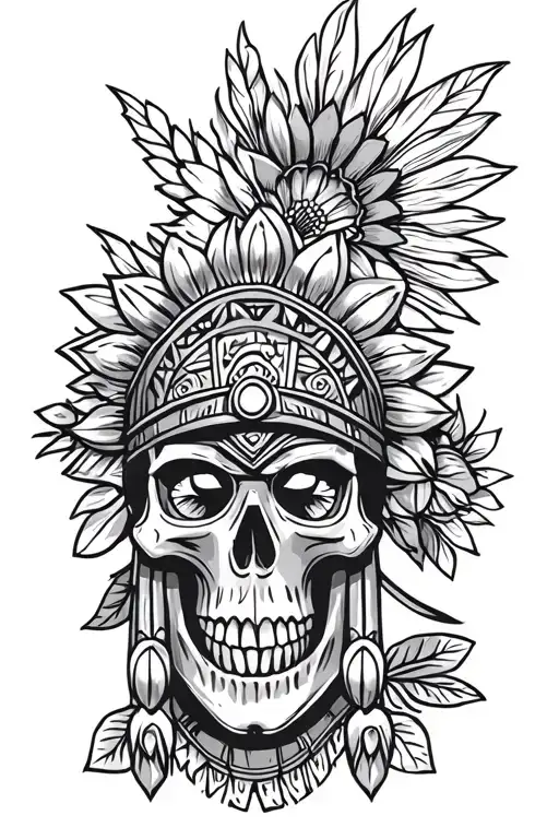 aztec warrior, skull, flower, tattoo design idea