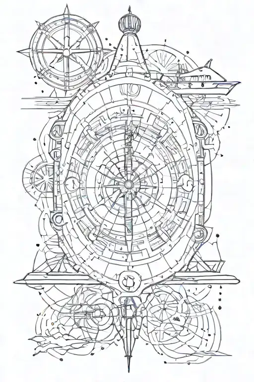 a single compass with a trident underneath, a submarine and a planisphere tattoo design idea