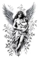 warrior Angel woman holding a baby with roses and vines tattoo design idea
