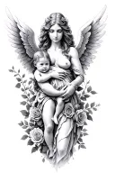 warrior Angel woman holding a baby with roses and vines tattoo design idea