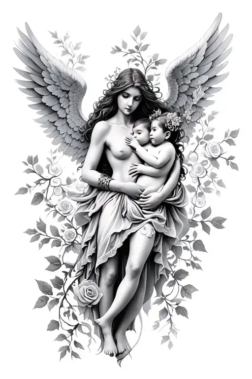 warrior Angel woman holding a baby with roses and vines tattoo design idea
