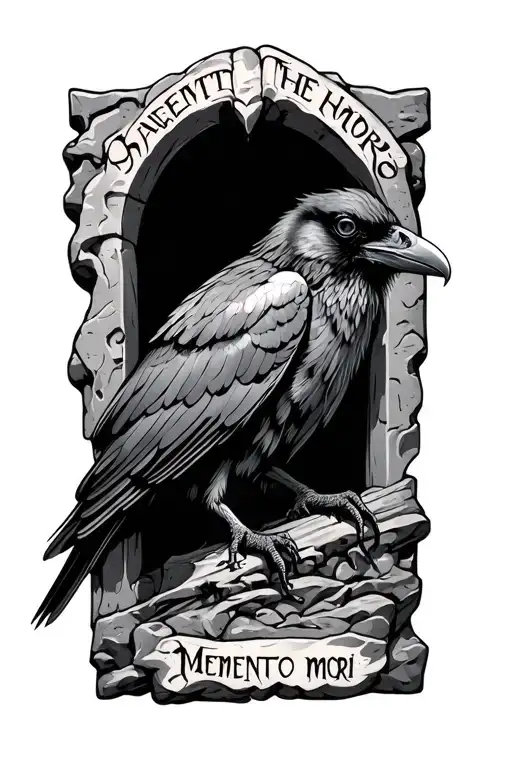 Raven with words Memento Mori carved in stone tattoo design idea