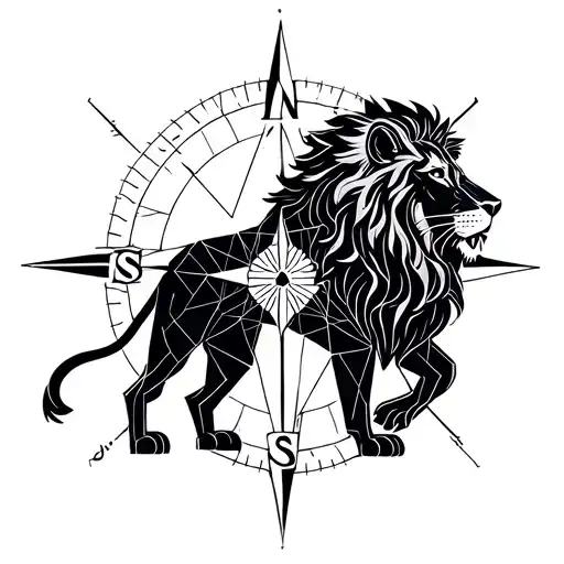 lion and compass rose together geometric tattoo design idea