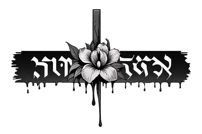 cross with blood dripping with an iris flower and the word yeshua  tattoo design idea