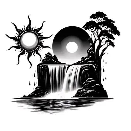 a sun melting into a waterfall that turns into rain tattoo design idea