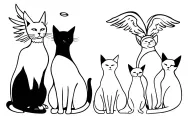 Silhouette of 6 cats from behind and one of them with an angel halo on its head tattoo design idea