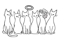 Silhouette of 6 cats from behind and one of them with an angel halo on its head tattoo design idea