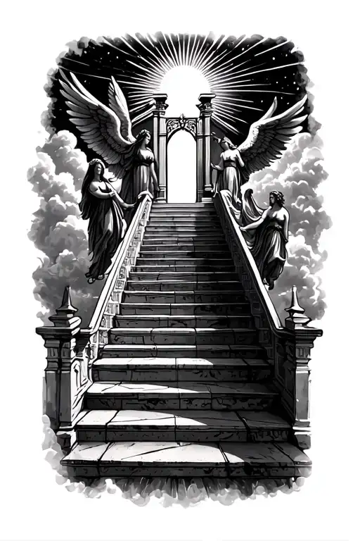 stairway to heaven walking up stairs angels sun rays clouds heaven gate at the top of the stairs  tattoo design idea