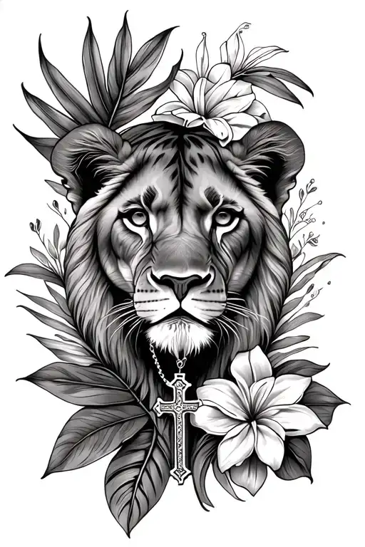 a lioness peeking through tropical flowers with a rosary cross tattoo design idea