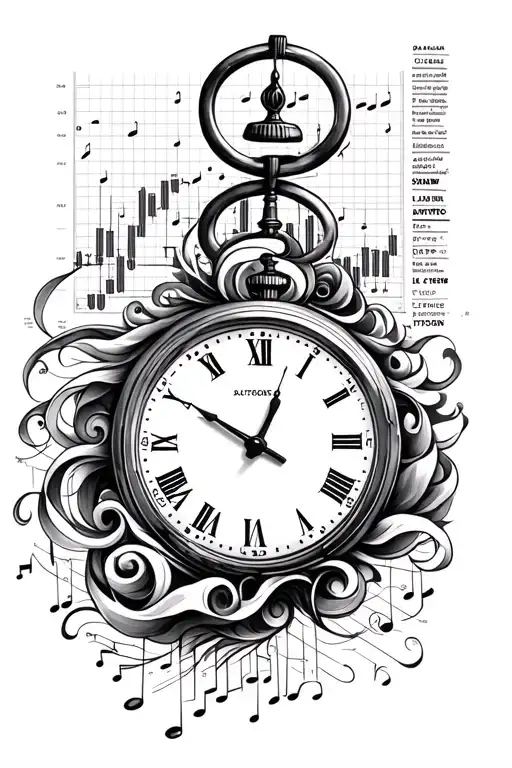A unique tattoo featuring a timepiece morphing into a stock market chart, with musical notes forming the background, symbolizing the interconnectedness of time, money, and music tattoo design idea