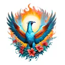 back of phoenix rising from ashes with wings spread open, with hibiscus flowers tattoo design idea