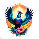 back of phoenix rising from ashes with wings spread open, with hibiscus flowers tattoo design idea