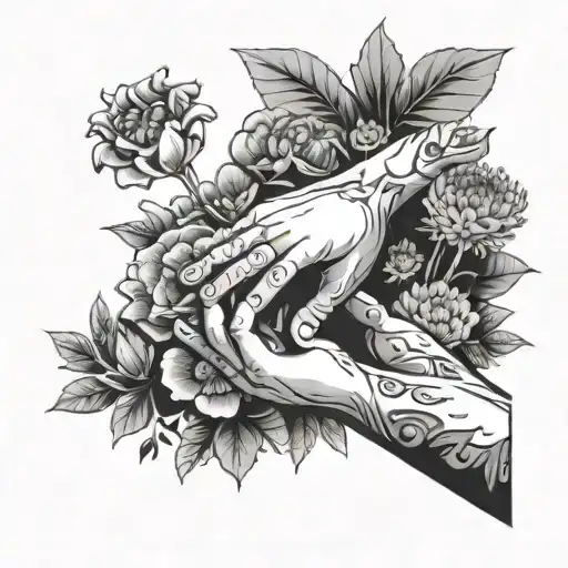 A whimsical scene of tiny hands planting a garden of Ostrołęka flowers, with each bloom representing a different aspect of the client's personality tattoo design idea