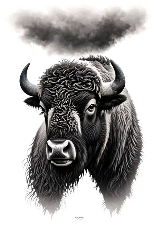 bison head and neck hyper realistic lots of fur highlighted in subtle  tattoo design idea